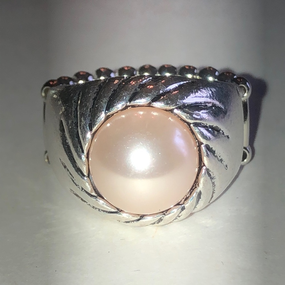 Silver Tone Ring with Pale Pink Faux Pearl Accent